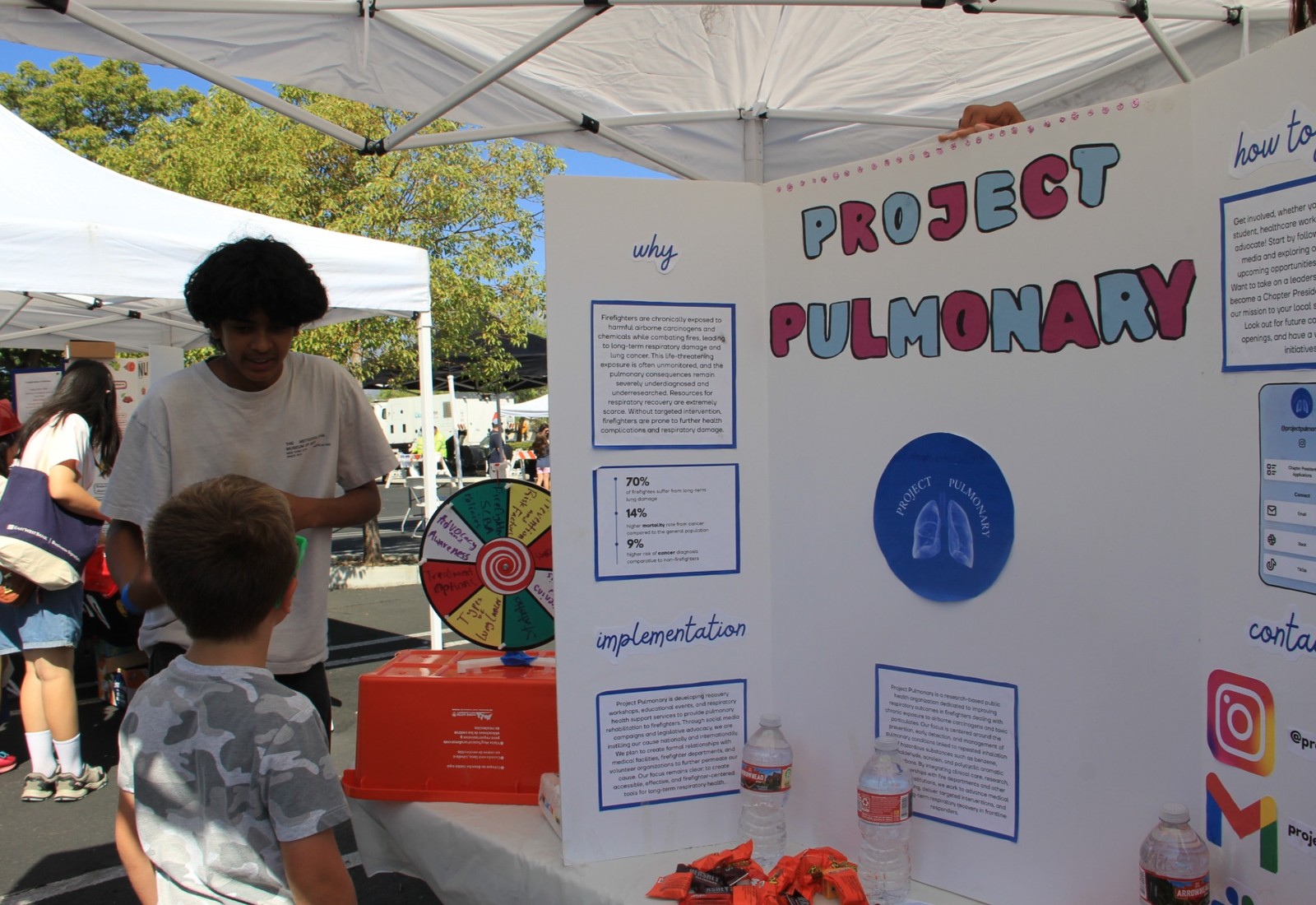 Two Project Pulmonary volunteers holding a firefighter helmet at an event